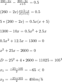 \frac{260-2x}{x}- \frac{260-2x}{x+5}=0.5 \\ \\ (260-2x) \frac{x+5-x}{x(x+5)}=0.5 \\ \\ 5*(260-2x)=0.5x(x+5) \\ \\ 1300-10x= 0.5 x^{2} +2.5x \\ \\ 0.5 x^{2} +12.5x-1300=0 \\ \\ x^{2} +25x-2600=0 \\ \\ D=25^2+4*2600=11025=105^2 \\ \\ x_1= \frac{-25-105}{2}=-65\ \textless \ 0 \\ \\ x_2= \frac{-25+105}{2} =40 km/h