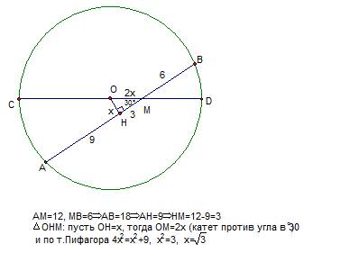 Хорда круга пересикает диаметр под углом 30 градусов и делистся ним на отрезки 6 и 12 см . найдите р