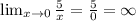 \lim_{x \to 0} \frac{5}{x} = \frac{5}{0} =\infty