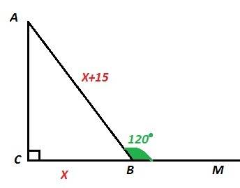 Впрямоугольном треугольнике abc угол c - прямой, внешний угол abm = 120 градусов, ab - bc = 15. найд