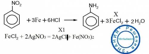 Подскажите,что c6h5no2+fe/hcl = x x+agno3/h2o = x1