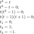 t^3=t \\ t^3-t=0; \\ t(t^2-1)=0; \\ t(t-1)(t+1)=0; \\ t_1=0; \\ t_2=1; \\ t_3=-1.