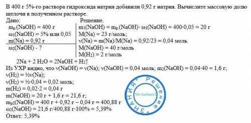 В400 г 5%-го раствора гидроксида натрия добавили 0,92 г натрия. вычислите массовую долю щелочи в пол