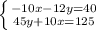 \left \{ {{-10x-12y=40} \atop {45y+10x=125}} \right.