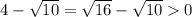 4- \sqrt{10} = \sqrt{16} - \sqrt{10} 0