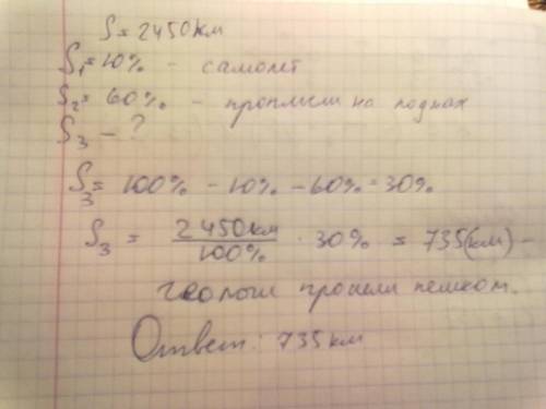 Геологи проделали путь длинной 2450 км. 10 % пути они пролетели на самолёте, 60 % пути проплыли в ло