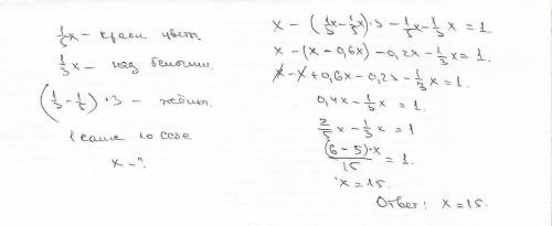 1/5 количество пчел летают над красными цветами, а 1/3 количество пчел летают над белыми цветами. их