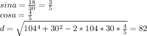 sina=\frac{18}{30}=\frac{3}{5}\\&#10;cosa=\frac{4}{5}\\&#10;d=\sqrt{104^4+30^2-2*104*30*\frac{4}{5}}=82