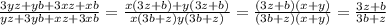 \frac{3yz+yb+3xz+xb}{yz+3yb+xz+3xb}= \frac{x(3z+b)+y(3z+b)}{x(3b+z)y(3b+z)}= \frac{(3z+b)(x+y)}{(3b+z)(x+y)}= \frac{3z+b}{3b+z}