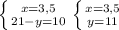 \left \{ {{x=3,5} \atop {21-y=10}} \right. \left \{ {{x=3,5} \atop {y=11}} \right.