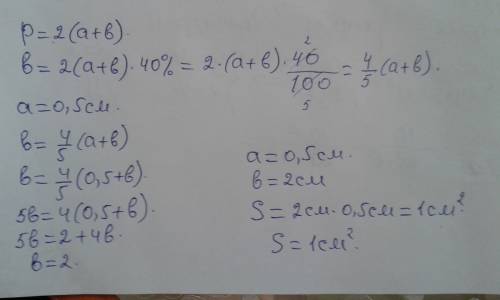 Длинна прямоугольника состовляет 40% периметра, а ширина равна 0,5см.найдите площать