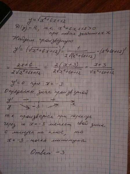 найдите точку минимума функции у=корень х^+6х+12