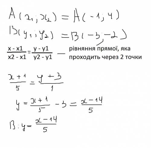 Складіть рівняння прямої, яка проходить через точки а(-1; 4) і в(-3; -2)