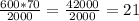 \frac{600*70}{2000} = \frac{42000}{2000} =21