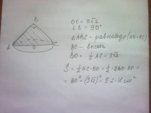 Радиус основания конуса 3√2 см. найдите площадь осевого сечения данного конуса, если один углов сече