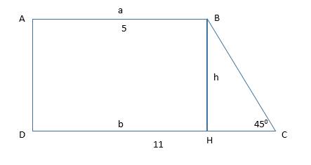 Дана прямоугольная трапеция,основания равны 5 и 11,большая боковая сторона составляет с основание уг