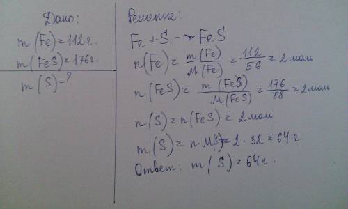 Врезультате взаимодействия серы с железом массой 112г образовался феррум сульфид массой 176г . опред