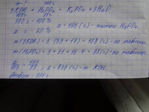 Какое количество гидроксида калия нужно для нейтрализации 980 г 20%-го раствора фосфатной кислоты до