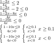 \frac{1-2x}{4x}\leq2\\ \frac{1-2x}{4x}-2\leq0\\ \frac{1-2x-8x}{4x}\leq0\\ \frac{1-10x}{4x}\leq0\\ \left \{ {{1-10x\leq0} \atop {4x 0}} \right. \left \{ {{x\geq0.1} \atop {x0}} \right. x\geq0.1\\ \left \{ {{1-10x\geq0} \atop {4x < 0}} \right. \left \{ {{x\leq0.1} \atop {x