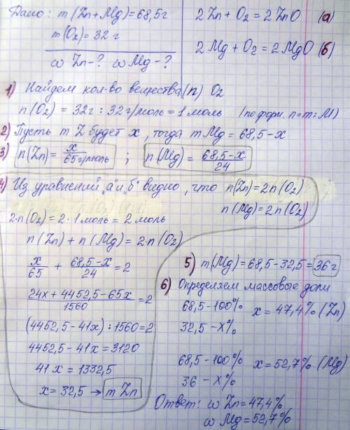 Вычислите массовые доли цинка и магния в смеси, для окисления 68,5 г которой потребовалось 32 г кисл