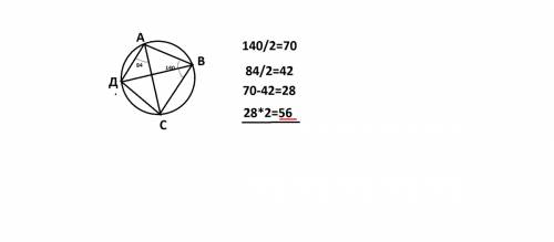Четырехугольник abcd вписан в окружностью.угол abc равен 140 градусов, угол cad равен 84 градуса.най