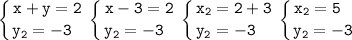 \displaystyle\tt\left \{ {{x+y=2} \atop {y_2=-3~~}} \right. \left \{ {{x-3=2} \atop {y_2=-3~~}} \right. \left \{ {{x_2=2+3} \atop {y_2=-3~~~}} \right. \left \{ {{x_2=5~~} \atop {y_2=-3}} \right.