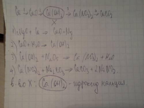 Запишите уравнение реакций,соответствующие схеме превращений ca -> cao -> x -> ca(no3)2 -&g