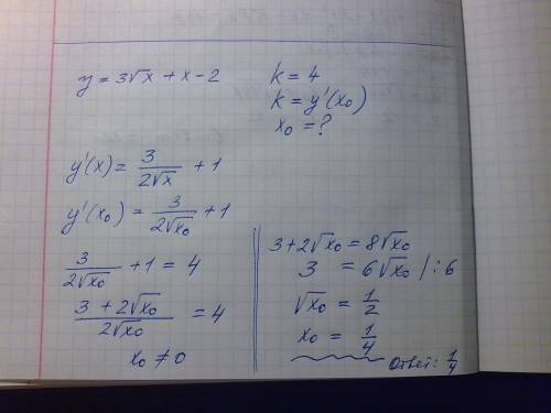 Найдите абсциссы точек графика функции y=3(корень их х)+х-2, в которых угловой коэффициент касательн