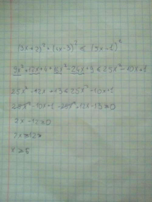 Решите неравенство (3x+2)^2+(4x-3)^2 меньше или равно (5x-1)^2