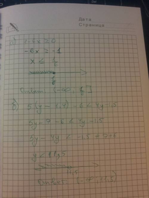 Решите неравенство: а) 1 - 6x больше либо равно 0 б)5(у-1,4)-6 меньше 4у-1,5