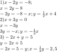 1)x-2y=-8; \\ &#10;x=2y-8 \\ &#10;-2y=-8-x; y= \frac{1}{2} x+4 \\ &#10;2)x+3y=0 \\ &#10;x=-3y \\ &#10;3y=-x;y=- \frac{1}{3} x \\ &#10;3)-2x+y=5 \\ &#10;y=2x+5 \\ &#10;-2x=5-y;x= \frac{1}{2} y-2,5 \\ &#10;