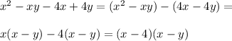 x^2-xy-4x+4y=(x^2-xy)-(4x-4y)=\\\\x(x-y)-4(x-y)=(x-4)(x-y)