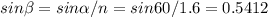 sin \beta =sin \alpha /n=sin60/1.6=0.5412