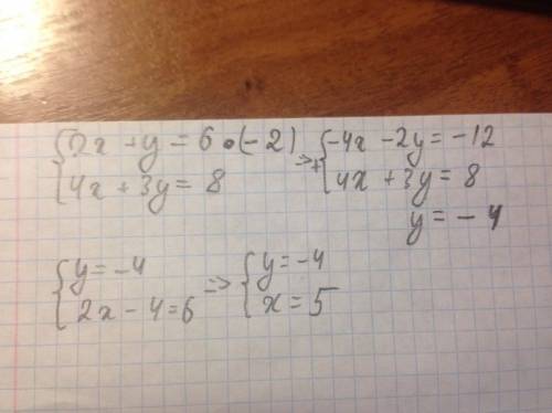 Решить систему линейного уравнения сложения 2х+у=6, 4х+3у=8