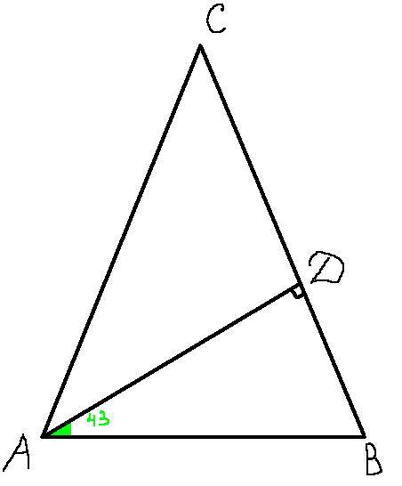Втреугольнике abc ac=bc. ad-высота угол bad равен 43 градуса .найдите угол c ответ дайте в градусах.