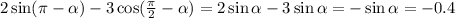 2\sin( \pi-\alpha )-3\cos(\frac\pi2- \alpha )=2\sin \alpha -3\sin \alpha =-\sin \alpha =-0.4