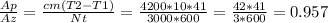 \frac{Ap}{Az} = \frac{cm(T2-T1)}{Nt} = \frac{4200*10*41}{3000*600} = \frac{42*41}{3*600} =0.957&#10;&#10;&#10;