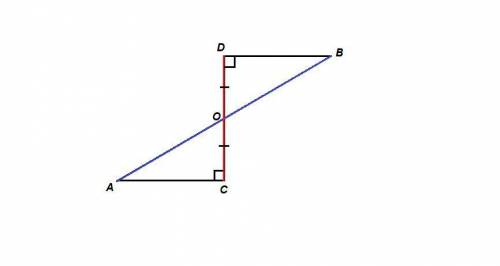 Отрезки ab и cd пересекаются в точке о так, что co=od, углы aco и bdo прямые. докажите, что треуголь