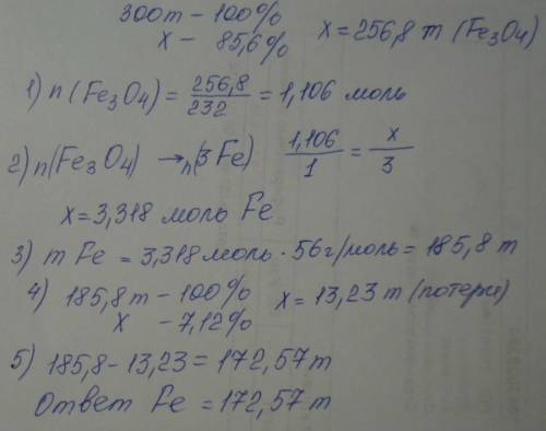 Массовая доля fe3o4 в руде равна 85,6%.какую максимальную массу железа можно получить из такой руды