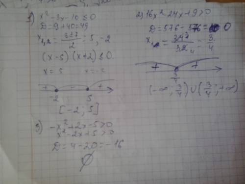 Решить квадратное уравнение. 1) x^2 - 3x - 10 ≤ 0 2)16х^2 - 24x + 9 > 0 3) -x^2 + 2x - 5 > 0