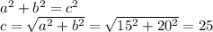 a^2+b^2=c^2\\ c=\sqrt{a^2+b^2}=\sqrt{15^2+20^2}=25