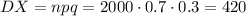 DX=npq=2000\cdot0.7\cdot0.3=420