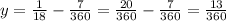 y= \frac{1}{18}- \frac{7}{360}=\frac{20}{360}- \frac{7}{360}=\frac{13}{360}