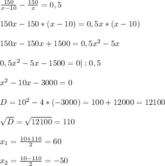 \frac{150}{x-10} -\frac{150}{x} =0,5 \\ \\ 150x-150*(x-10) =0,5x*(x-10)\\ \\ 150x-150x+1500= 0,5x^{2} -5x\\ \\ 0,5x^{2} -5x-1500=0 | :0,5\\ \\ x^{2} -10x- 3000=0\\ \\ D= 10^{2}-4*(-3000)= 100+12000= 12100\\ \\ \sqrt{D}= \sqrt{12100}=110 \\ \\ x_{1}= \frac{10+110}{2}= 60\\ \\ x_{2}=\frac{10-110}{2}= -50\\ \\