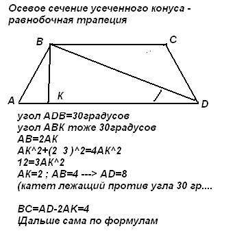 Высота усечённого конуса равна 2корня из 3 диагональ осевого сечения конуса образует с плоскостью ос