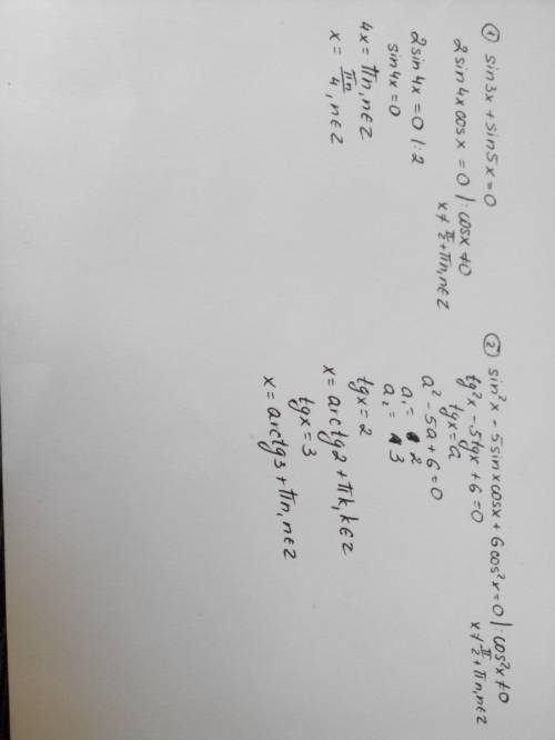 1)sin3x+sin5x=0 2)sin^2x-5sinxcosx+6cos^2x=0