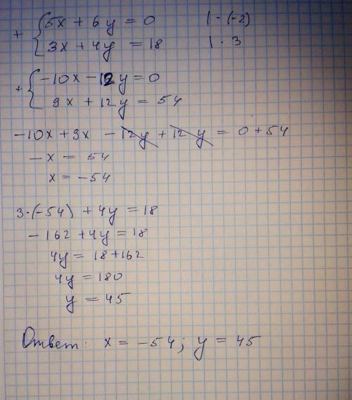 Решите систему уравнений сложения: 5x+6y=0 3x+4y=18