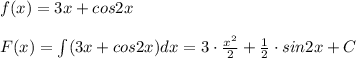 f(x)=3x+cos2x\\\\F(x)=\int (3x+cos2x)dx=3\cdot \frac{x^2}{2}+\frac{1}{2}\cdot sin2x+C