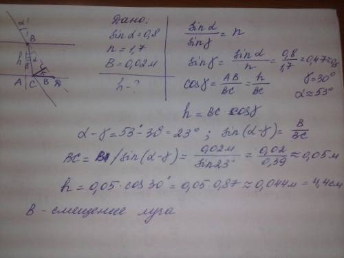 Луч света падает на стеклянную пластинку с показателем преломления (n=1,7) под углом альфа, для кото