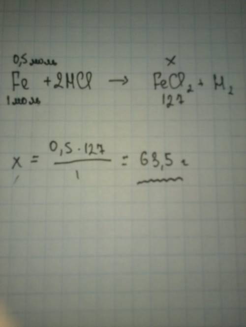 Железо количеством вещества 0,5 моль прореагировало без остатка с соляной кислотой. определите массу
